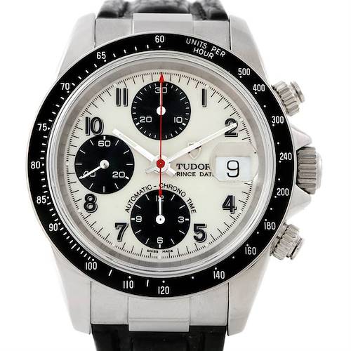 This is a front view of the Tudor Tiger 79260 Men's Stainless Steel White Dial 79260 Men's Stainless Steel White Dial model watch, showing the face, bezel, pushers, and crown.