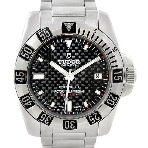 This close-up image shows the face and bezel with numerals of the Tudor Hydronaut 20040 Men's Stainless Steel Black Dial 20040 Men's Stainless Steel Black Dial watch, including part of the stainless steel bracelet.