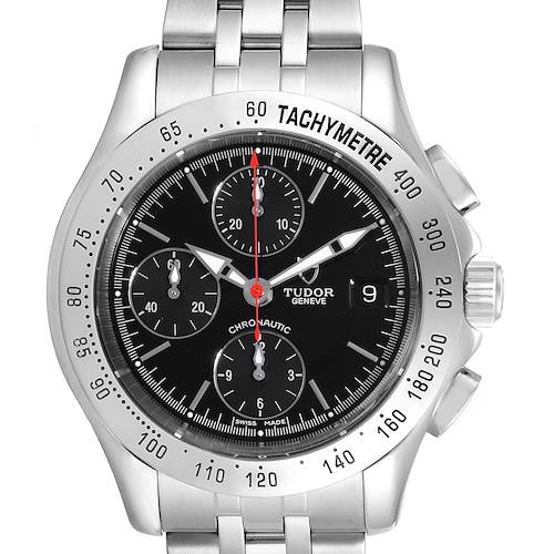 The image shows a front view of the Tudor Chronautic 79380 Men's Stainless Steel Black Dial 79380 Men's Stainless Steel Black Dial watch, highlighting its dial, bezel, and bracelet.