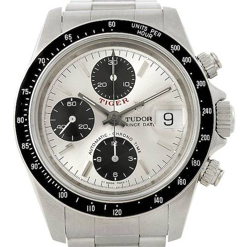 This image shows a frontal view of the Tudor Tiger 79260 Men's Stainless Steel Silver Dial 79260 Men's Stainless Steel Silver Dial model watch, highlighting its dial, subdials, date window, and bezel.