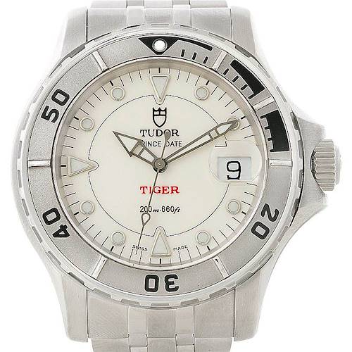 The image shows a front view of the Tudor Hydronaut 89190 Men's Stainless Steel Beige Dial 89190 Men's Stainless Steel Beige Dial watch, displaying its face, crown, and part of the metal bracelet.