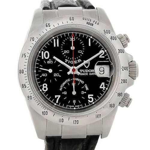 The image shows a frontal view of the Tudor Tiger 79280P Men's Stainless Steel Black Dial 79280P Men's Stainless Steel Black Dial model watch, highlighting its dial, bezel, pushers, and crown.