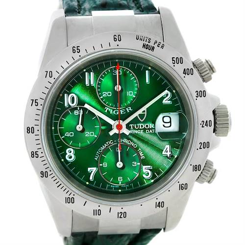 This image shows a frontal view of the Tudor Tiger 79280P Men's Stainless Steel Green Dial 79280P Men's Stainless Steel Green Dial model watch, highlighting the green dial, chronograph subdials, and date function.