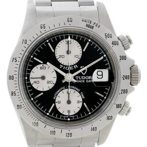 The Tudor Prince watch is shown in a front-facing angle, displaying the dial, bezel, and bracelet.