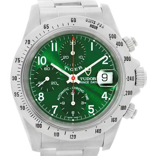 The image shows a front angle of the Tudor Tiger 79280 Men's Stainless Steel Green Dial 79280 Men's Stainless Steel Green Dial watch displaying its green dial, chronograph subdials, and date magnifier.