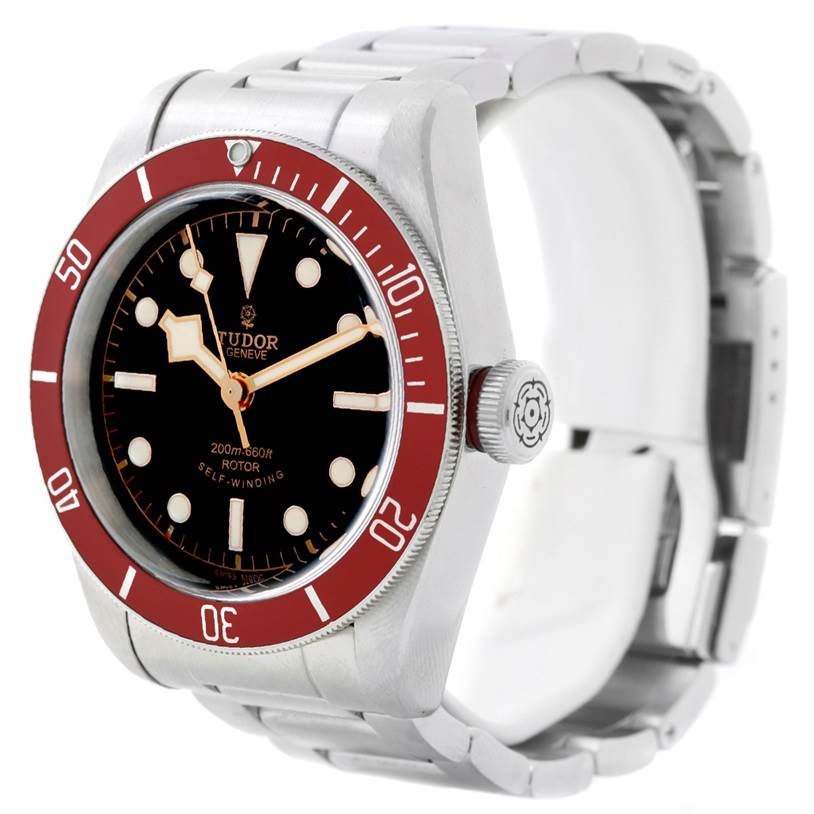 The image shows a Tudor Heritage Black Bay 79220 Men's Stainless Steel Black Dial 79220 Men's Stainless Steel Black Dial watch at an angle highlighting the case, bezel, dial, and bracelet.