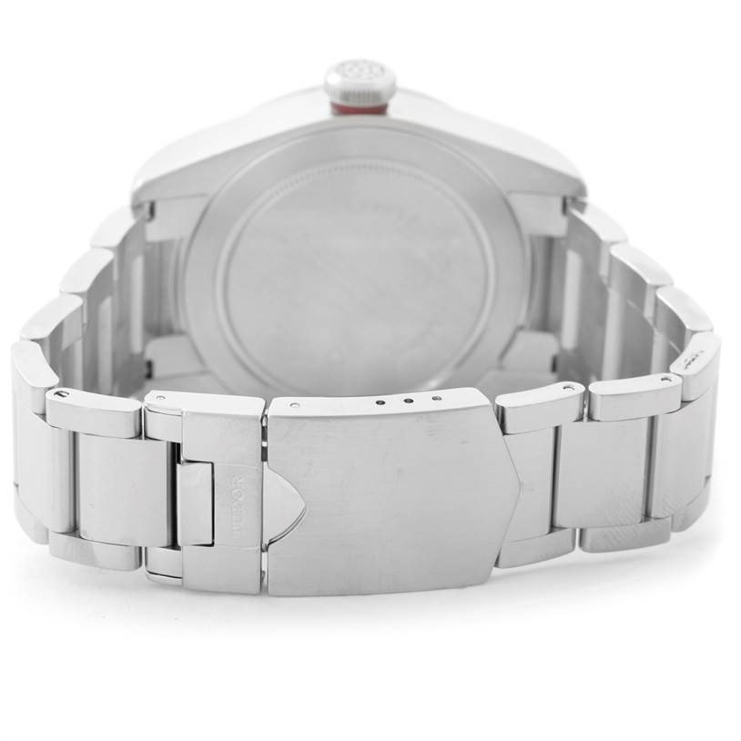 This image shows the back view of the Tudor Heritage Black Bay 79220 Men's Stainless Steel Black Dial 79220 Men's Stainless Steel Black Dial watch, focusing on its stainless steel bracelet and clasp.