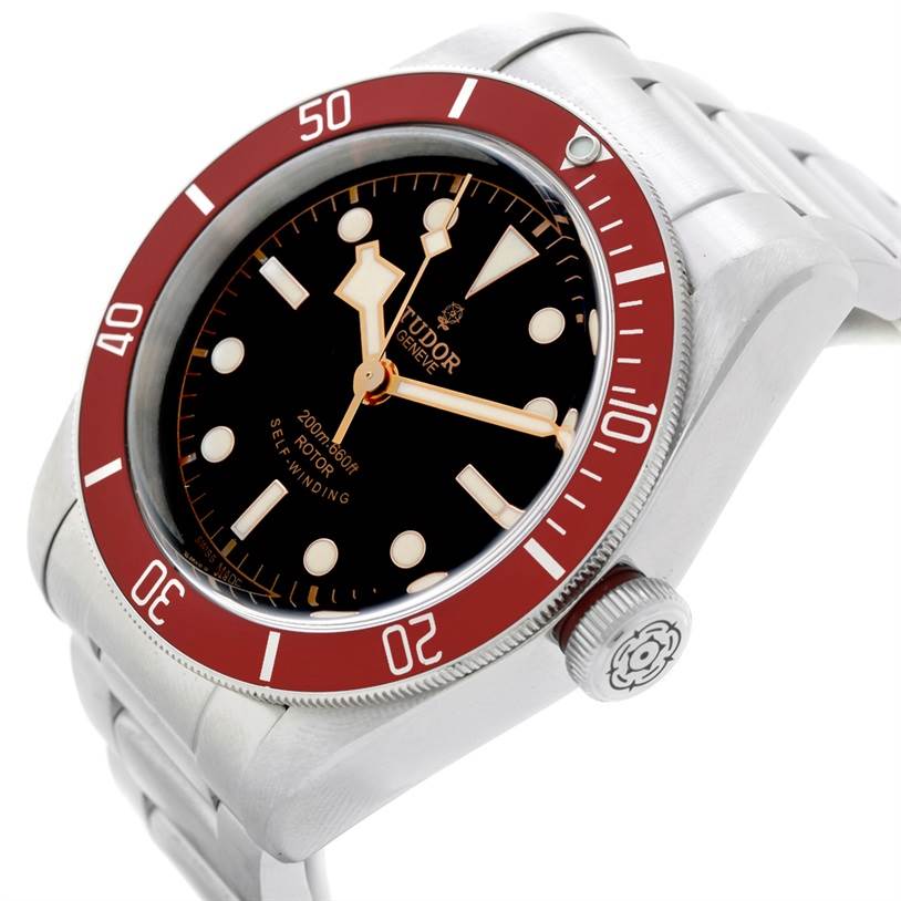 This image shows a close-up, angled view of the Tudor Heritage Black Bay 79220 Men's Stainless Steel Black Dial 79220 Men's Stainless Steel Black Dial watch, highlighting its face, bezel, and crown.