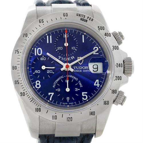 The image shows a front view of a Tudor Tiger 79280 Men's Stainless Steel Blue Dial 79280 Men's Stainless Steel Blue Dial model watch, highlighting its face, dial, and chronograph features.