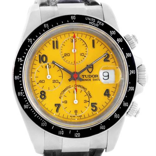 The image shows a frontal view of a Tudor Prince model watch, highlighting its yellow dial, subdials, and date window.