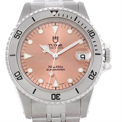 The image shows a frontal view of a Tudor Submariner 75190 Men's Stainless Steel Pink Dial 75190 Men's Stainless Steel Pink Dial watch, displaying the dial, hands, bezel, and part of the bracelet.