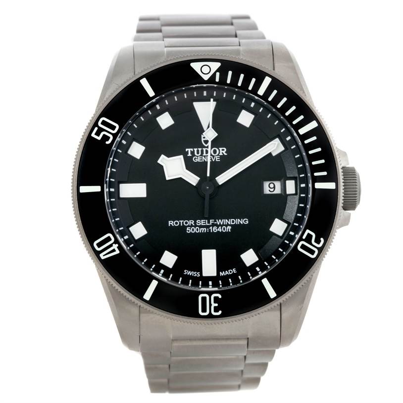 The image shows a front view of a Tudor Pelagos 25500TN Men's Titanium Black Dial 25500TN Men's Titanium Black Dial watch displaying the face, bezel, hands, date window, and part of the metal bracelet.