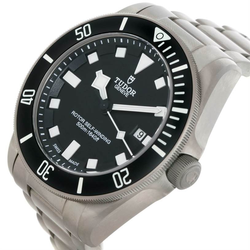 The image shows a Tudor Pelagos 25500TN Men's Titanium Black Dial 25500TN Men's Titanium Black Dial watch from an angled side view, highlighting the face, bezel, and part of the bracelet.
