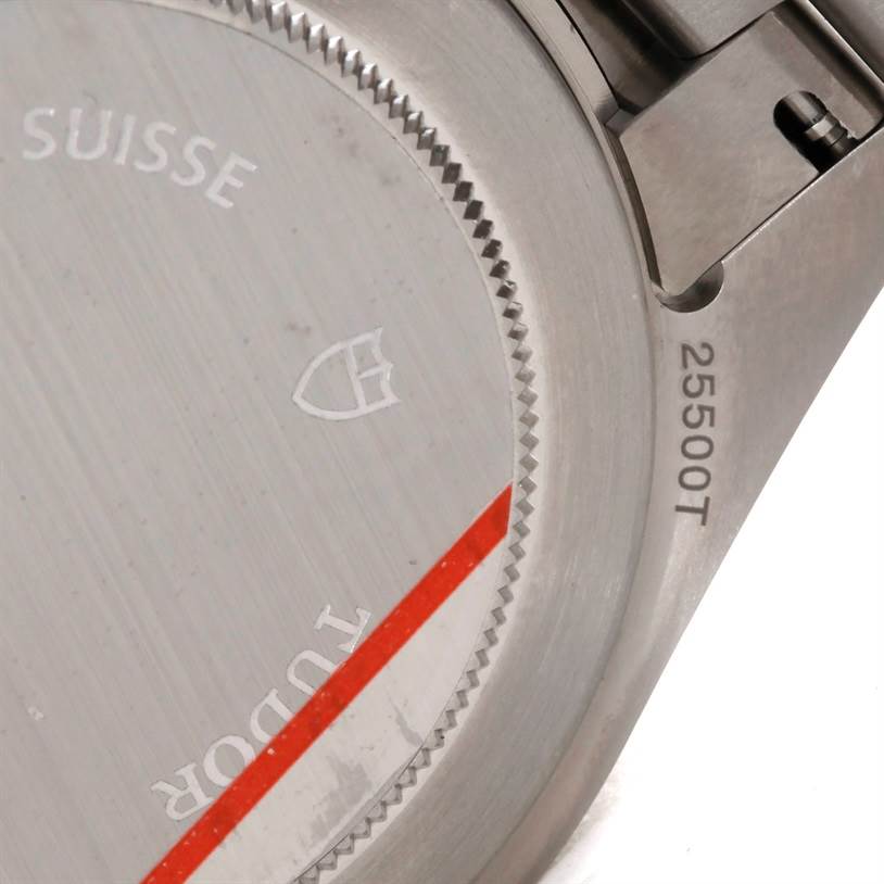 This image shows a close-up of the case back and part of the lugs of the Tudor Pelagos 25500TN Men's Titanium Black Dial 25500TN Men's Titanium Black Dial watch, including the model number 25500T.