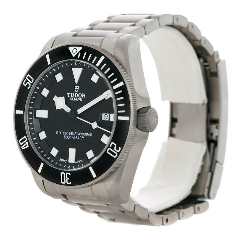 The image shows a Tudor Pelagos 25500TN Men's Titanium Black Dial 25500TN Men's Titanium Black Dial watch at an angle displaying its face, bezel, crown, and part of the bracelet.
