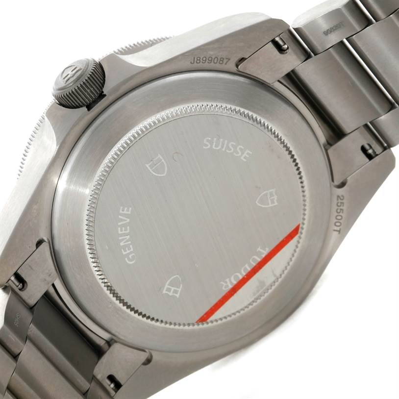 This image shows the back case of the Tudor Pelagos 25500TN Men's Titanium Black Dial 25500TN Men's Titanium Black Dial watch at an angle, highlighting the case back and part of the stainless steel bracelet.