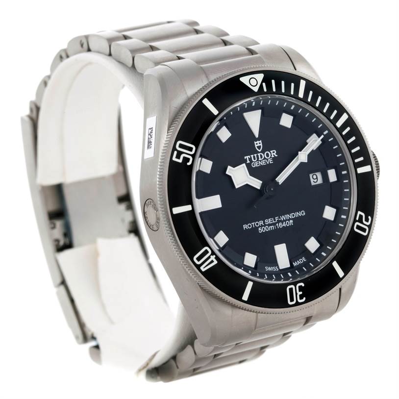 The Tudor Pelagos 25500TN Men's Titanium Black Dial 25500TN Men's Titanium Black Dial watch is shown at an angled side view, displaying its face, bezel, and part of the titanium bracelet.