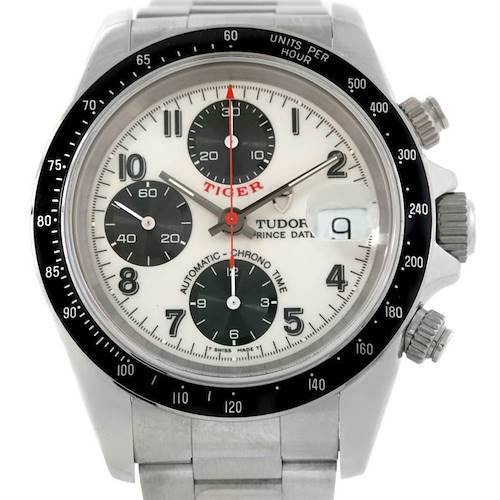 The image shows a Tudor Tiger 79260 Men's Stainless Steel Silver Dial 79260 Men's Stainless Steel Silver Dial model watch from a front angle, highlighting its dial, chronograph subdials, bezel, and date window.