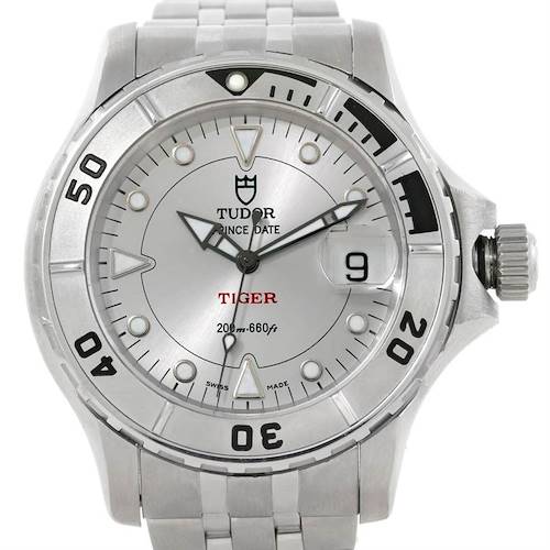 This Tudor Hydronaut 89190 Men's Stainless Steel Silver Dial 89190 Men's Stainless Steel Silver Dial watch is shown from the front, displaying its silver dial, bezel, crown, hands, and stainless steel bracelet.