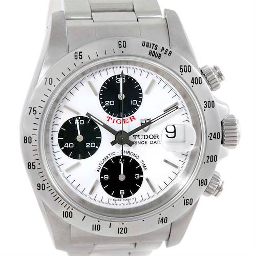 The image shows a front view of the Tudor Tiger 79280 Men's Stainless Steel White Dial 79280 Men's Stainless Steel White Dial model watch with the dial, chronograph sub-dials, and date window clearly visible.