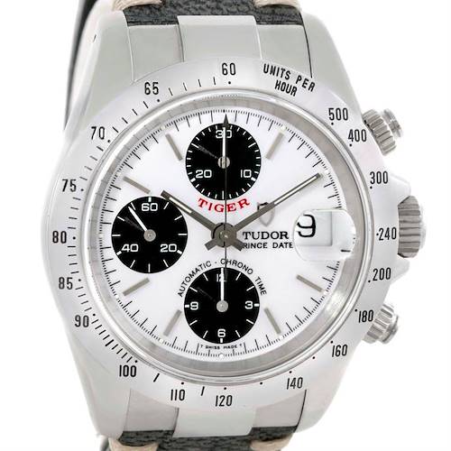 The image shows a front view of the Tudor Tiger 79280 Men's Stainless Steel White Dial 79280 Men's Stainless Steel White Dial watch, highlighting its dial, subdials, and crown.