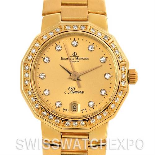 This image shows a frontal view of the Baume & Mercier 83212 Women's Yellow Gold Champagne Dial 83212 Women's Yellow Gold Champagne Dial Riviera Ladies 18K Gold Diamond Watch 83212, highlighting the face and bezel.