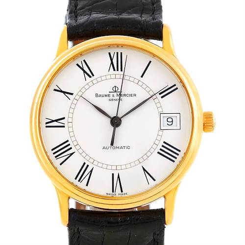 This image shows a front view of the Baume & Mercier Classima MV045075 Men's Yellow Gold White Dial MV045075 Men's Yellow Gold White Dial watch, highlighting the dial, Roman numerals, and leather strap.