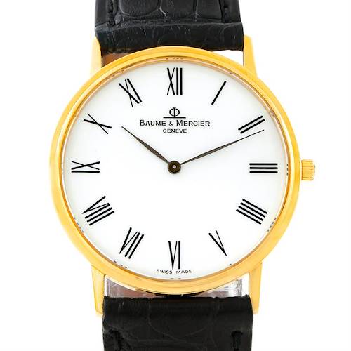 The image shows the front view of a Baume & Mercier Classima MV045088 Men's Yellow Gold White Dial MV045088 Men's Yellow Gold White Dial watch, highlighting its face, bezel, crown, and strap.