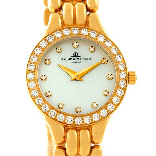 The image shows a front view of a Baume & Mercier MX000NM4 Women's Yellow Gold Mother of Pearl Dial MX000NM4 Women's Yellow Gold Mother of Pearl Dial MX000NM4 14K Yellow Gold Diamond Ladies Watch with a diamond-studded bezel face.