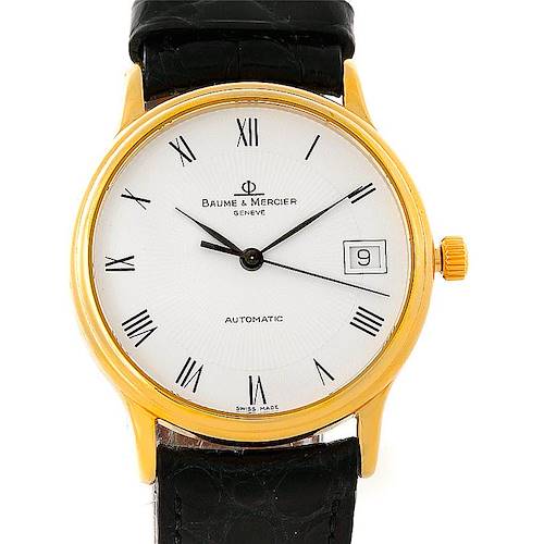 This image shows a front view of the Baume & Mercier Classima 8160 Men's Yellow Gold White Dial 8160 Men's Yellow Gold White Dial watch with a gold case and black leather strap.