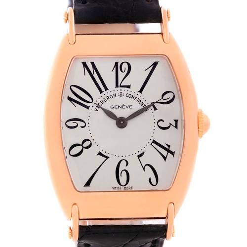 This image shows a front view of the Vacheron Constantin Historiques 37001 Men's Rose Gold Silver Dial 37001 Men's Rose Gold Silver Dial watch, highlighting its dial, hands, and case with strap attachments.