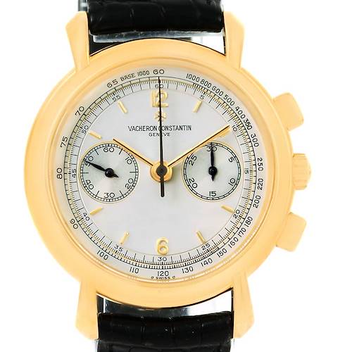 The Vacheron Constantin Historiques 47101/1 Men's Yellow Gold Silver Dial 47101/1 Men's Yellow Gold Silver Dial watch is shown from the front, displaying the dial, subdials, and part of the strap.