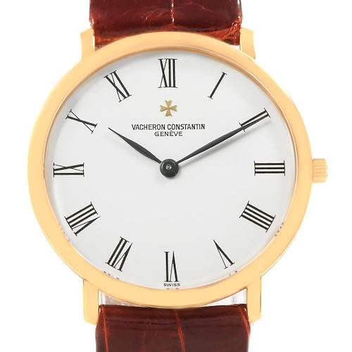 This image shows a front view of the Vacheron Constantin Patrimony 31160 Men's Yellow Gold White Dial 31160 Men's Yellow Gold White Dial watch, highlighting its dial, hands, and part of the leather strap.