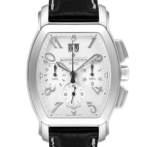 This image shows a front view of the Vintage Vacheron Constantin watch, highlighting its dial, sub-dials, and leather strap.