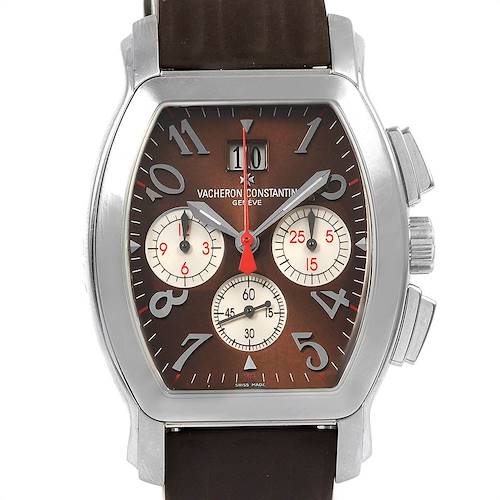 The image shows a front view of a Vacheron Constantin Malte watch, highlighting its brown dial and chronograph features.