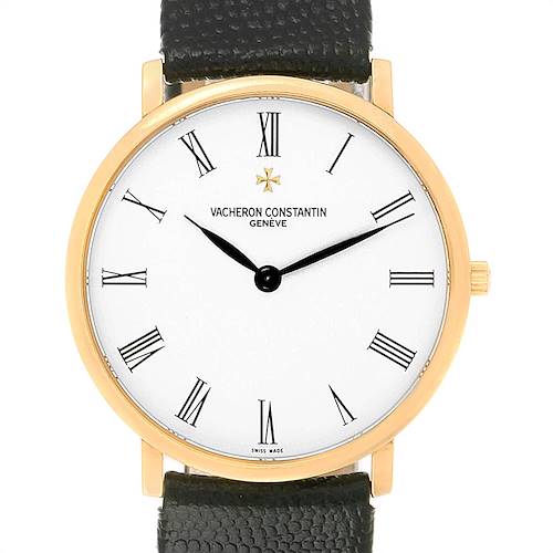 This is a front view of the Vacheron Constantin Patrimony 31160 Men's Yellow Gold White Dial 31160 Men's Yellow Gold White Dial watch displaying the watch face, case, and part of the strap.