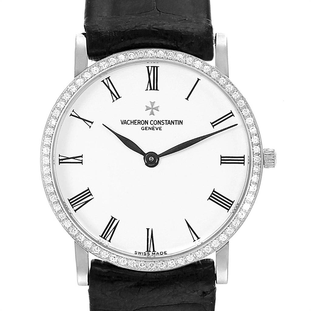 This image shows a front view of the Vacheron Constantin Patrimony 33093 Men's White Gold White Dial 33093 Men's White Gold White Dial watch, featuring its dial, bezel, and strap.