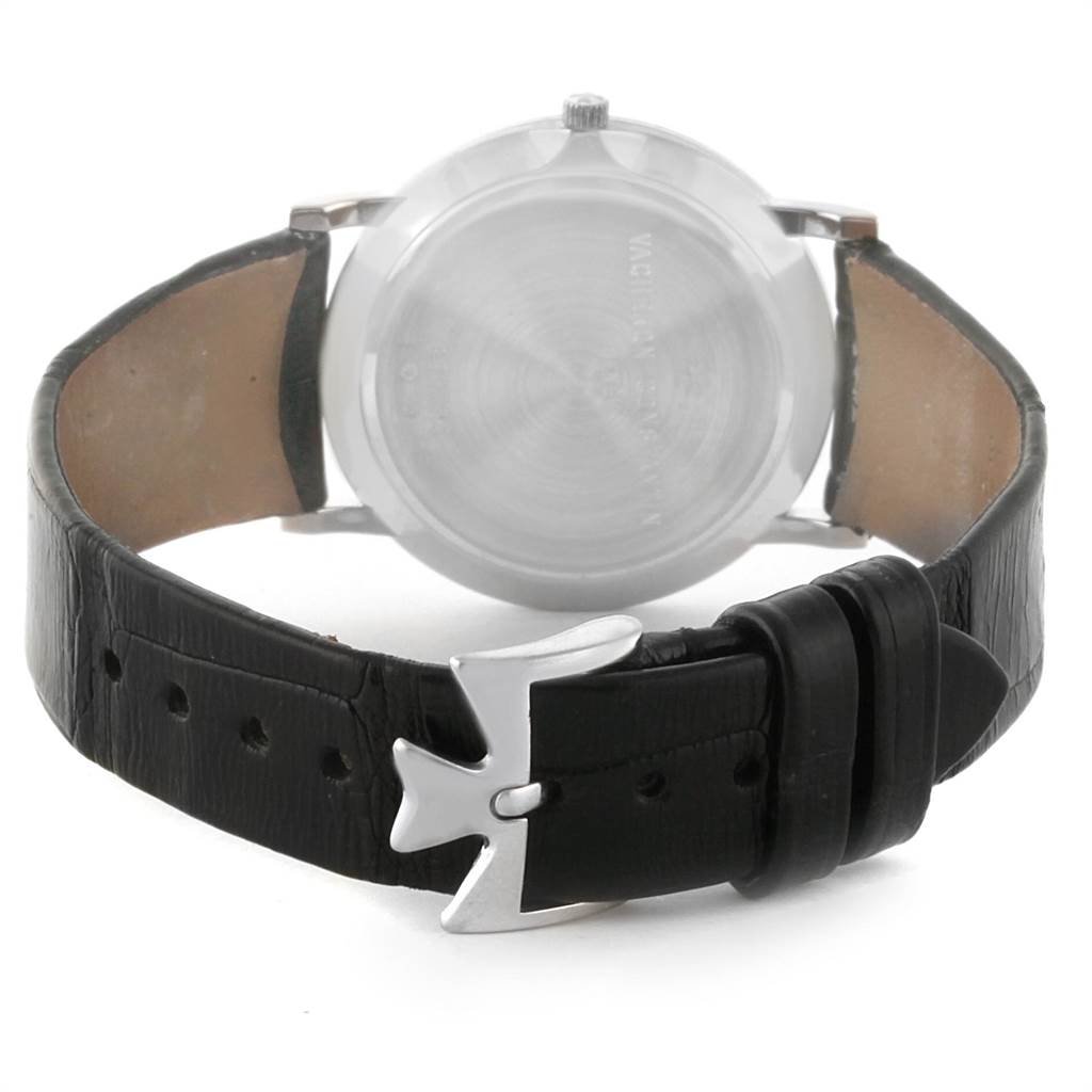 The image shows the back view of the Vacheron Constantin Patrimony 33093 Men's White Gold White Dial 33093 Men's White Gold White Dial watch, highlighting the leather strap and buckle.