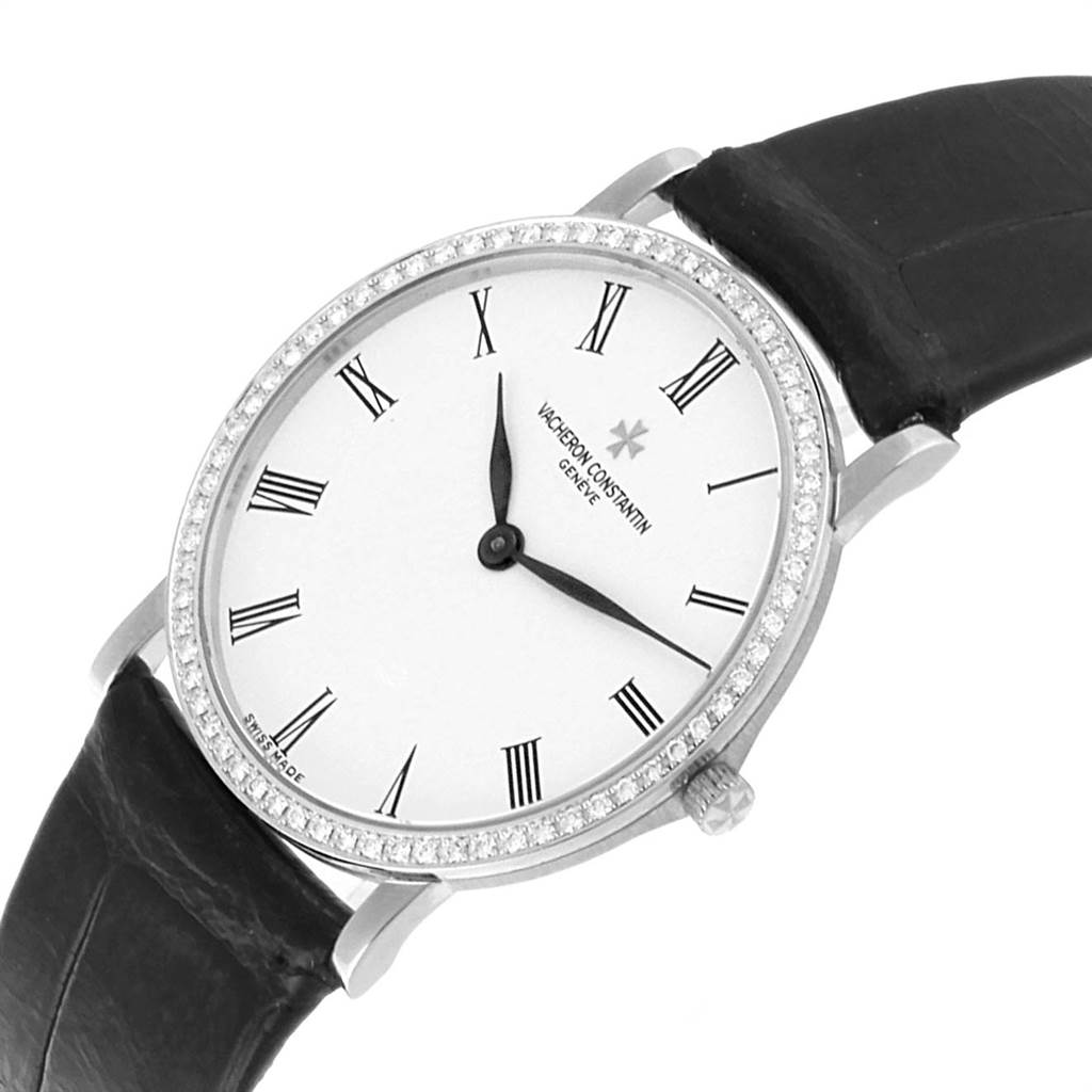 The image shows a front and slightly angled view of the Vacheron Constantin Patrimony 33093 Men's White Gold White Dial 33093 Men's White Gold White Dial watch highlighting its face, bezel, and strap.