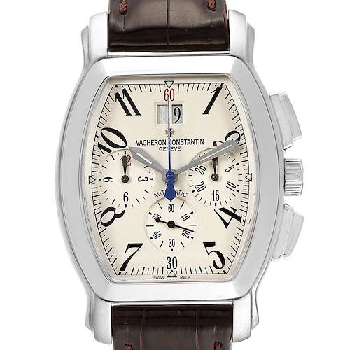 The image shows a front view of a Vacheron Constantin Vintage watch displaying its dial, subdials, and brown leather strap.