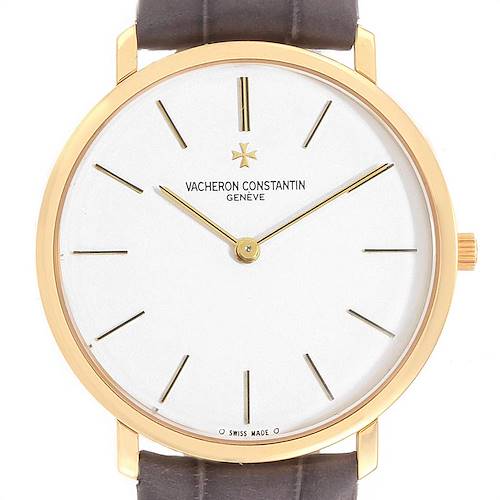 This image shows a front view of the Vacheron Constantin Patrimony 31160 Men's Yellow Gold White Dial 31160 Men's Yellow Gold White Dial watch, highlighting the dial, hands, and part of the strap.