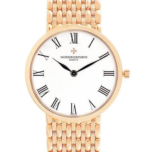 The image shows a front view of a Vacheron Constantin Patrimony 33093 Men's Rose Gold White Dial 33093 Men's Rose Gold White Dial watch, highlighting its gold case, white dial, and Roman numeral markers.