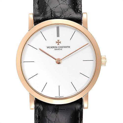 This image shows a front view of the Vacheron Constantin Patrimony 33093/3 Men's Rose Gold White Dial 33093/3 Men's Rose Gold White Dial watch featuring a black leather strap and a white dial with minimalistic markings.