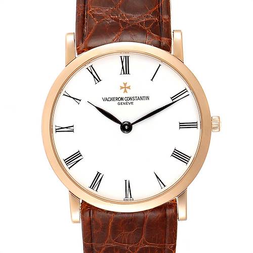 The image shows a frontal view of a Vacheron Constantin Patrimony 33093/1 Men's Rose Gold White Dial 33093/1 Men's Rose Gold White Dial watch, highlighting its white dial, gold case, and brown leather strap.