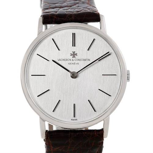 The image shows a frontal view of a Vintage Vacheron Constantin watch, featuring its dial and leather strap.