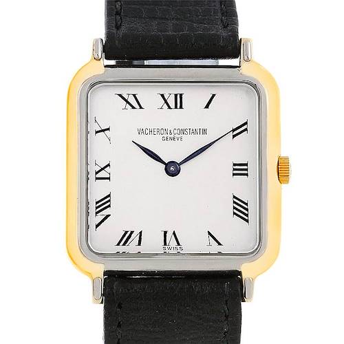 The image shows a front view of a Vintage Vacheron Constantin watch with a square dial, Roman numerals, and a black leather strap.