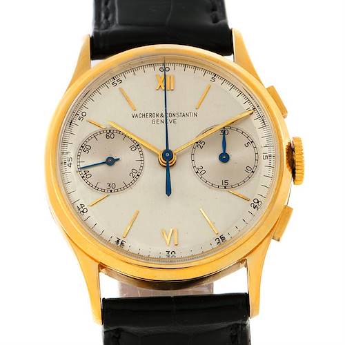 The watch is a vintage Vacheron Constantin model shown from a front angle, displaying the dial, case, crown, and subdials.