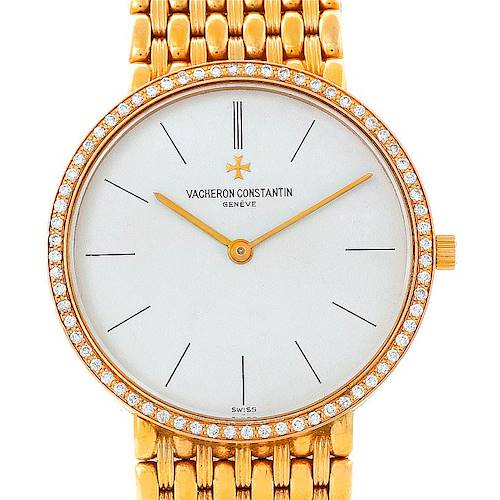 This image shows a front view of a Vintage Vacheron Constantin watch, highlighting the face, bezel, and part of the bracelet.