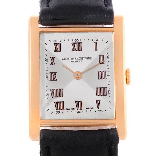 This image shows a front view of a Vintage Vacheron Constantin watch, highlighting its rectangular dial, Roman numerals, and black leather strap.
