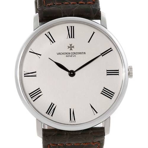 This image shows a front view of a Vintage Vacheron Constantin watch, highlighting the dial and leather strap.